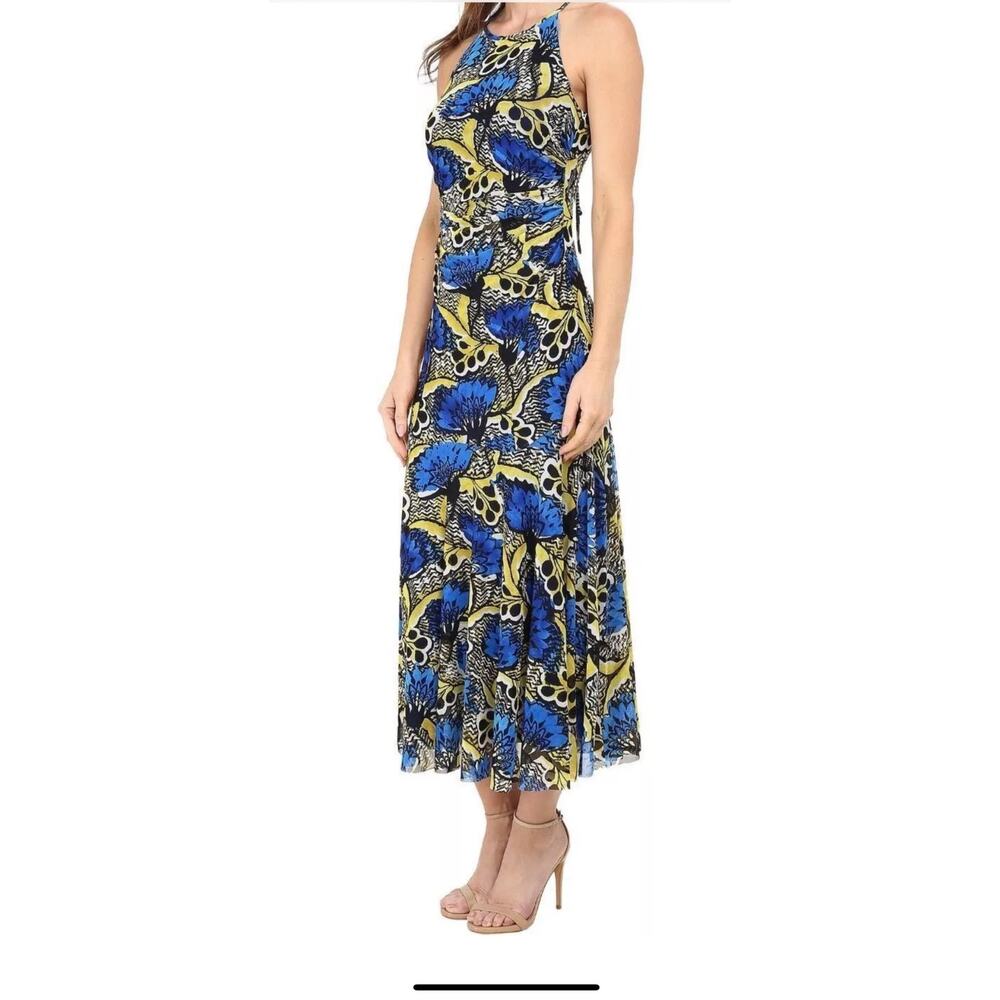 Nine West Blue Bright Surf/Sunflower Abstract Halter Stretch Maxi Dress Sz14-$98